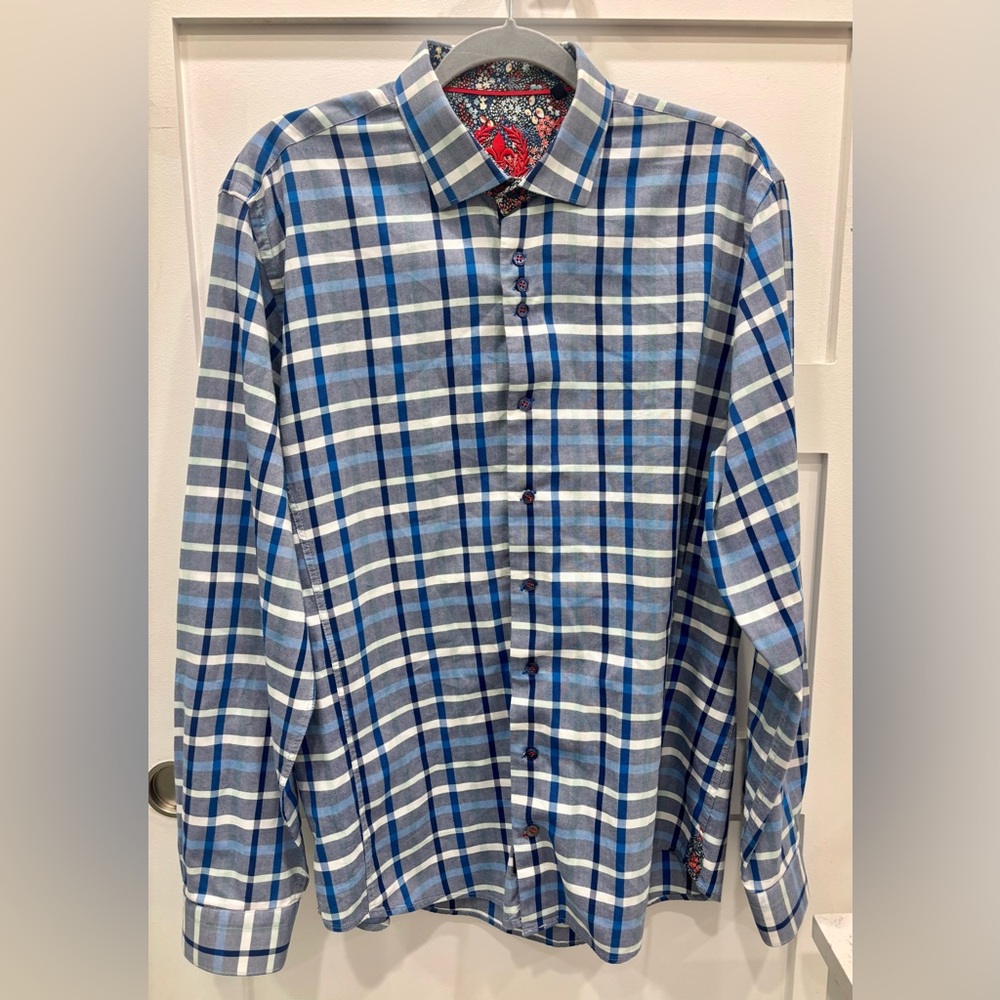 Men's Au Noir Blue Plaid Floral Accent Button Down Shirt